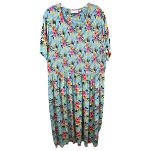National Plus Size 3X‎ Maxi Dress Blue Floral Smocked Short Sleeve Vacation 1766